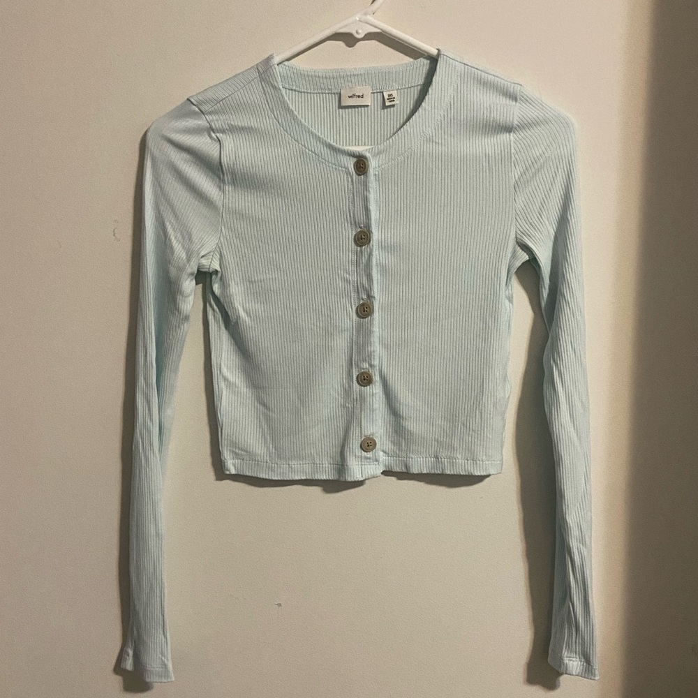 Aritzia Wilfred Button Up Long Sleeve Ribbed Baby Blue Cardigan Size XXS